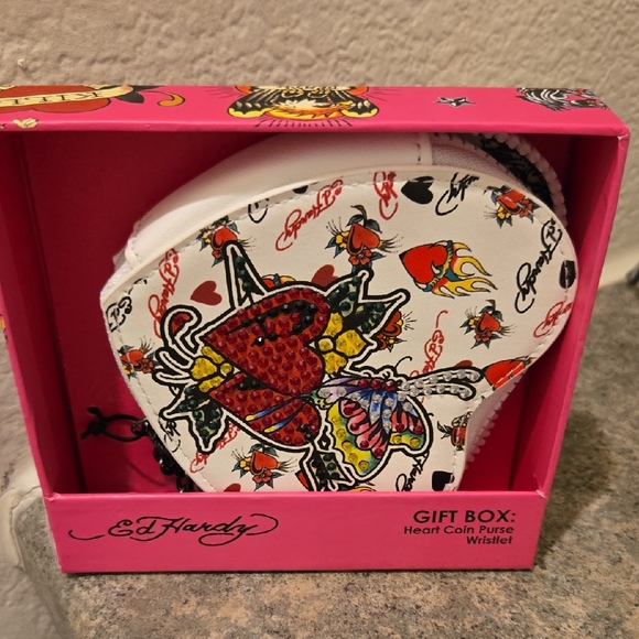 Ed Hardy Handbags - Ed Hardy White Heart Wristlet with Tattoo Art